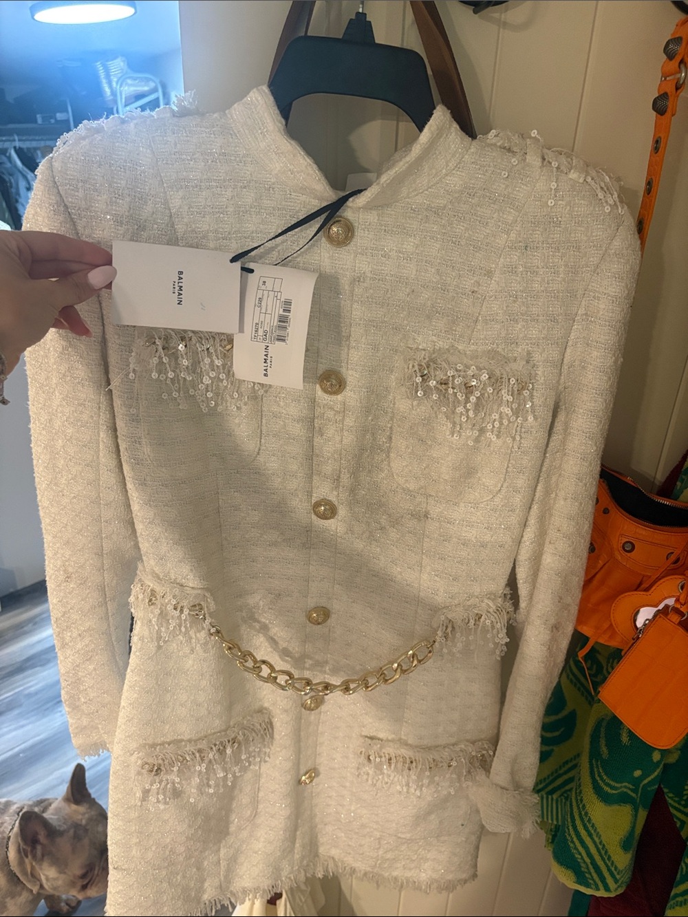 Balmain Cream Tweed Chain-Accent dress Sz 38